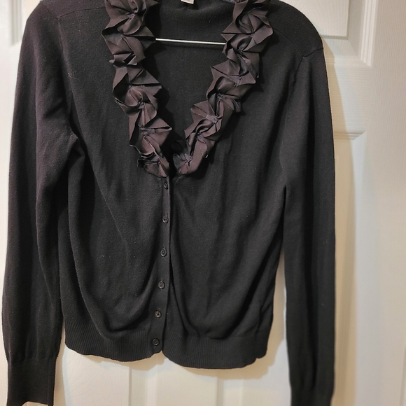 Worthington black ladies fitted Cardigan with black Satin Neck detail size L - Picture 3 of 4